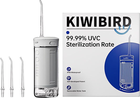 KIWIBIRD Mini Water Flosser for Travel, Ultra-Portable Cordless Oral Irrigator with UVC Light, IPX8 Waterproof 3 Modes, 230mL Teeth Cleaner for Tonsil Stones & Braces Care - Home & Travel (Grey)