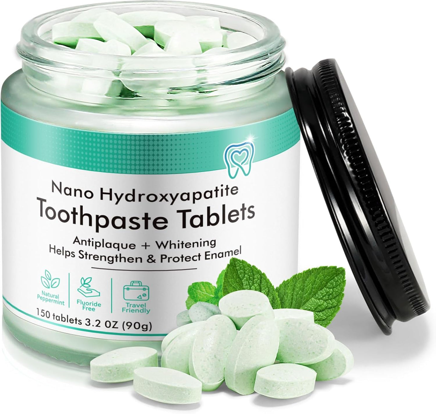 Toothpaste Tablets 150pcs Chewable Whitening - for Sensitive Teeth & Antiplaque - Nano Hydroxyapatite, Natural Peppermint, Fluoride Free - Strengthen & Protect Enamel - Fresh Breath, Glass Jar