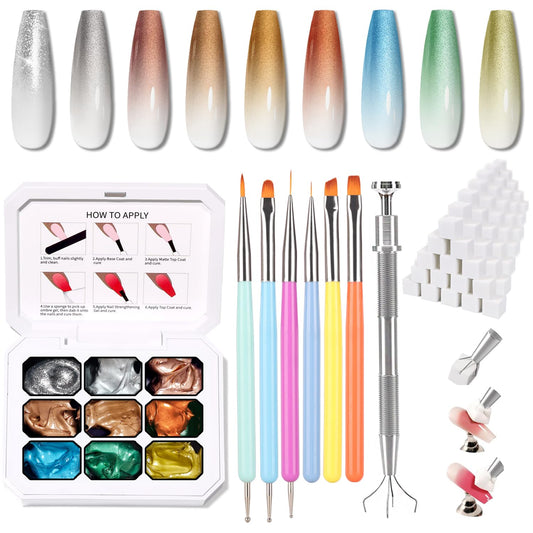 Sponge Pat Paint Nail Gel & Tools Kit, 9 Colors Ombre Nails Gradient Gel Nail Blush Blooming Aura Nails Drawing Stripper Floral Painting Nail Art, No Wipe, UV/LED Curing (9 Colors Set L)