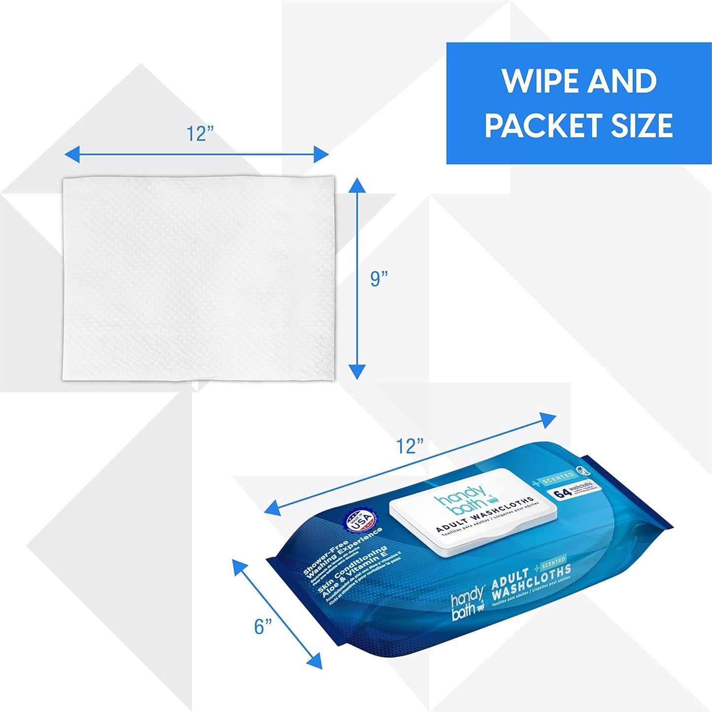 Handybath Adult Washcloths Scented, Extra Large Cleaning Wipes with Aloe Vera & Chamomile, 64 Wipes - Senior Care, Outdoor Activities, Travel Essentials