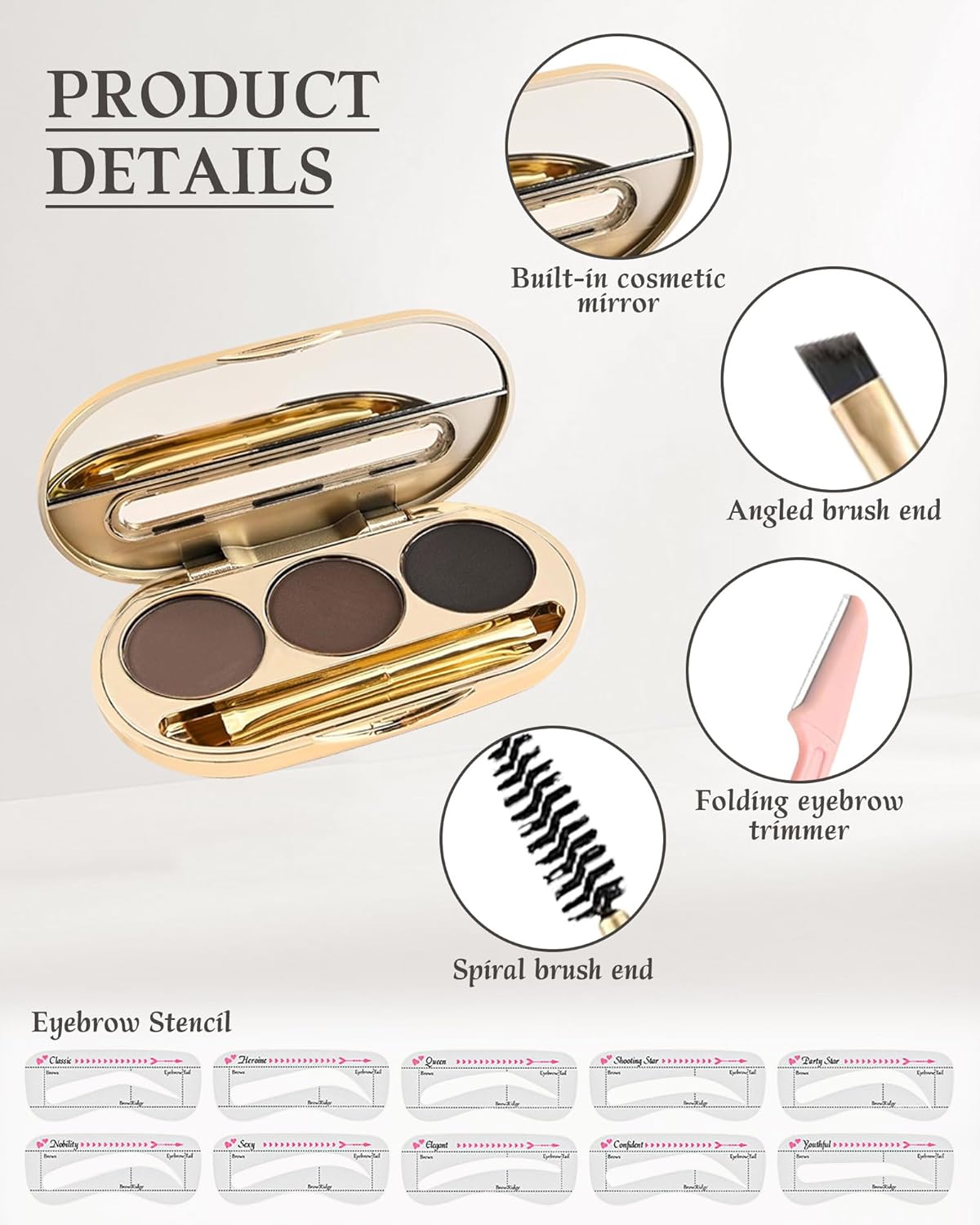 Waterproof Eyebrow Powder Kit - 3 Colors Long-Lasting Brow Powder Palette with Brush Razor & Stencil, Natural Tinting Powder for Women Sparse Brows | #03 Medium Brown, Dark Brown, Black