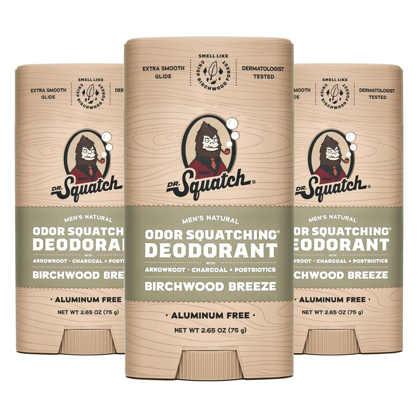 Dr. Squatch Natural Deodorant for Men - Odor-Squatching Aluminum Free - Birchwood Breeze (2.65 oz, 3-Pack)