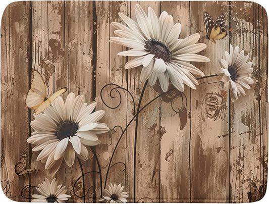 Summer Daisy Flowers Dish Drying Mat for Kitchen Counter 16x18in Rustic Wood Floral Kitchen Mat Daisy Microfiber Absorbent Dish Drainer Mat Fast Dry Kitchen Accessories Dishes Pad for Countertops