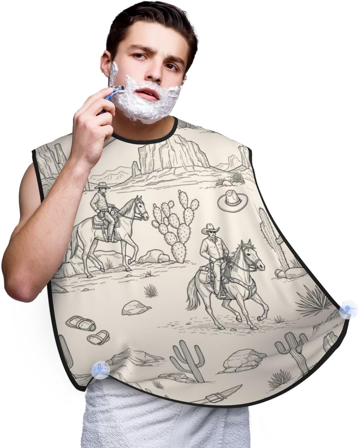 Non-Stick Beard Bib for Shaving, Western Desert Cowboy Riding Horses Shave Bib, Waterproof Hair Catcher with Suction Cups, Grooming Apron Men Husband