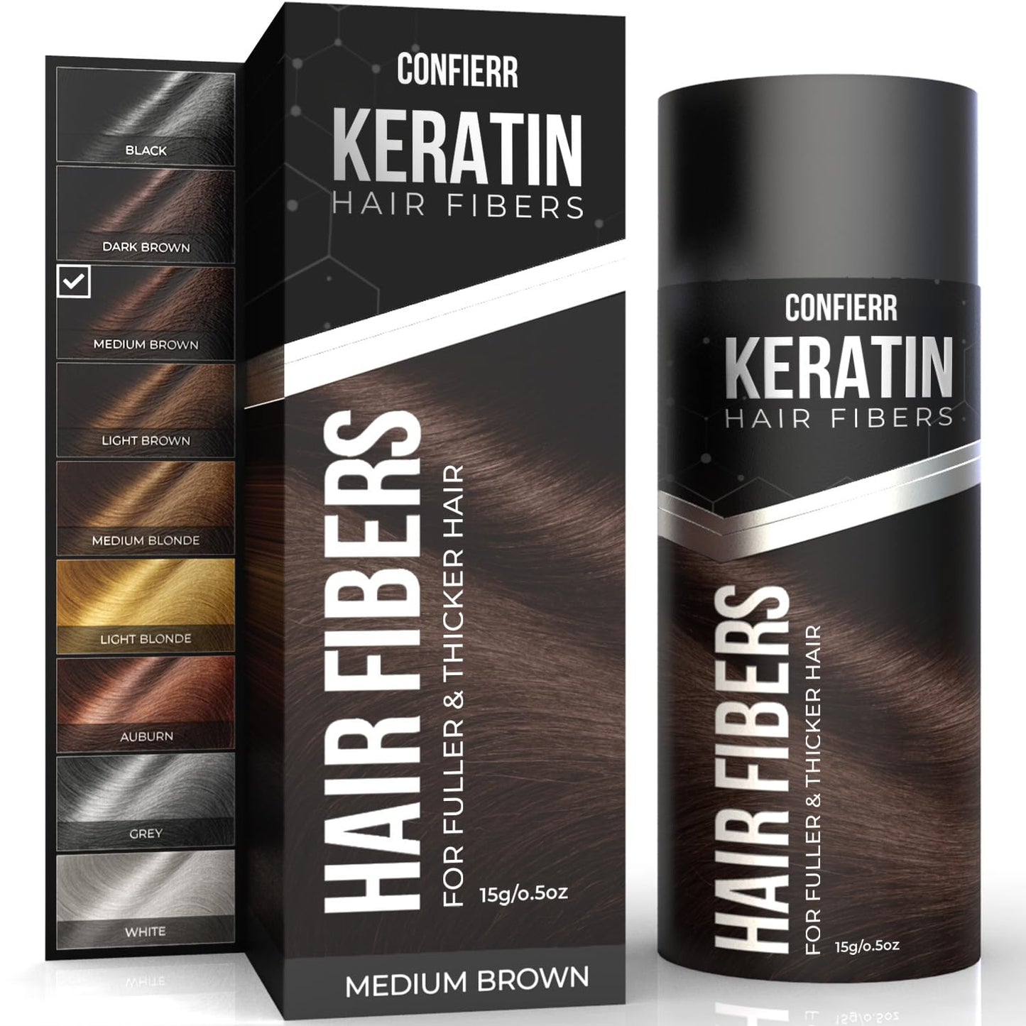 Keratin Hair Fibers for Men & Women - Fill In Fine or Thinning Hair, Instantly Thicker, Fuller Looking Hair (Medium Brown 15g)