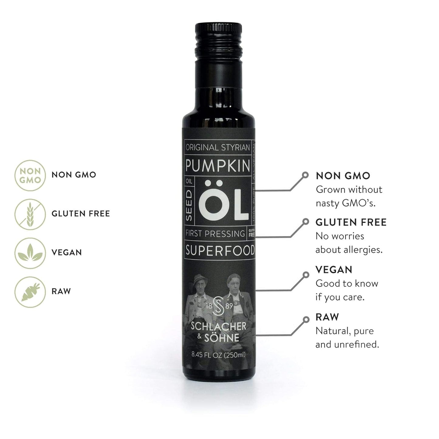 Schlacher & Söhne Styrian Pumpkin Seed Oil: 100% Pure, Cold Pressed, Non GMO, Gluten Free, Vegan, May Helps in Hair Growth, Made in Austria (8.4 FL OZ of 250 ml)