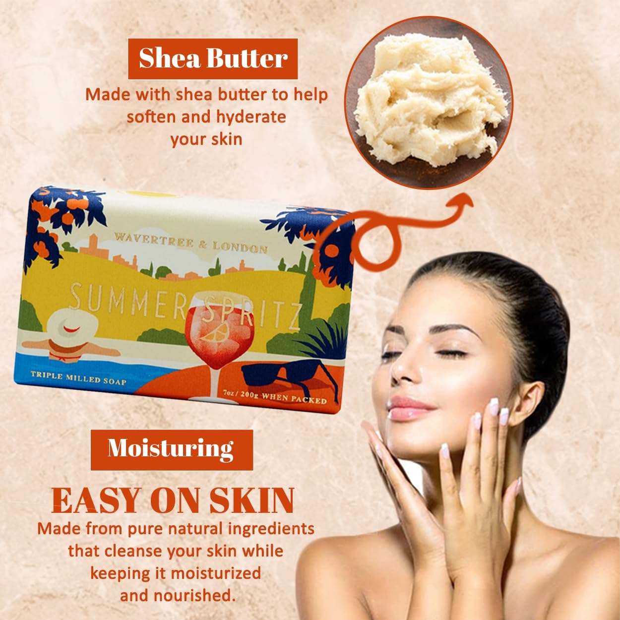 Wavertree & London Summer Spritz Scented Natural Soap Bar, 7oz Moisturizing French Triple Milled Soap Bar for Women & Men