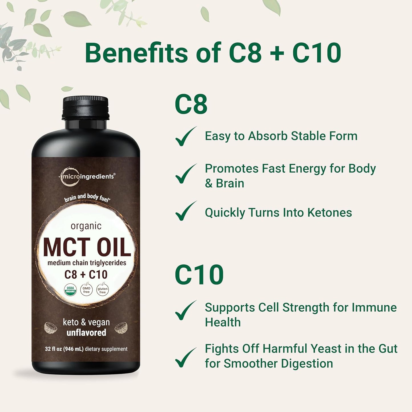 MCT Oil Organic, 32 fl oz |100% Virgin Coconut with C8 + C10 Fatty Acids | Natural Fuel for Brain Energy & Ketone Production | Great for Coffee or Dressings | Unflavored, Keto, Vegan