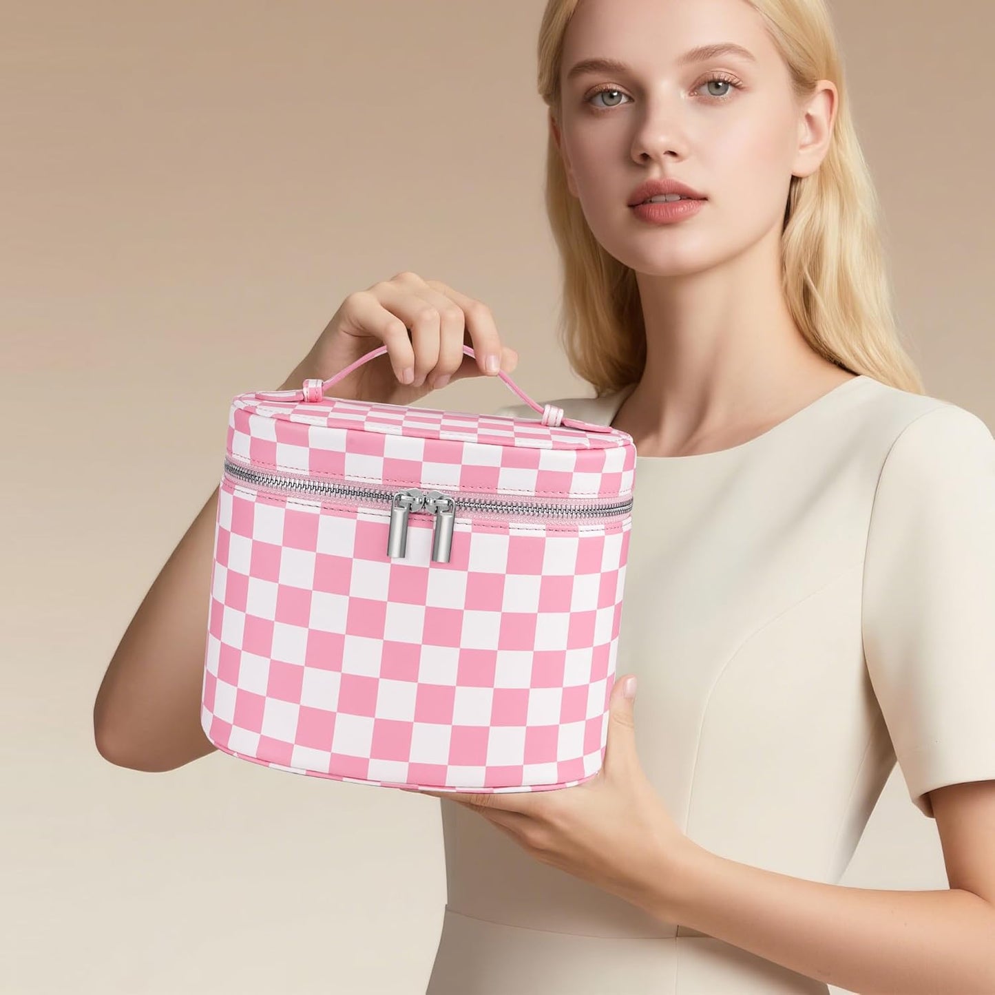 Makeup Bag Vanity Case Cosmetic Bag with Removable Divider Travel Toiletry Bag for Women Portable Make up Box Organizer, Pink and White