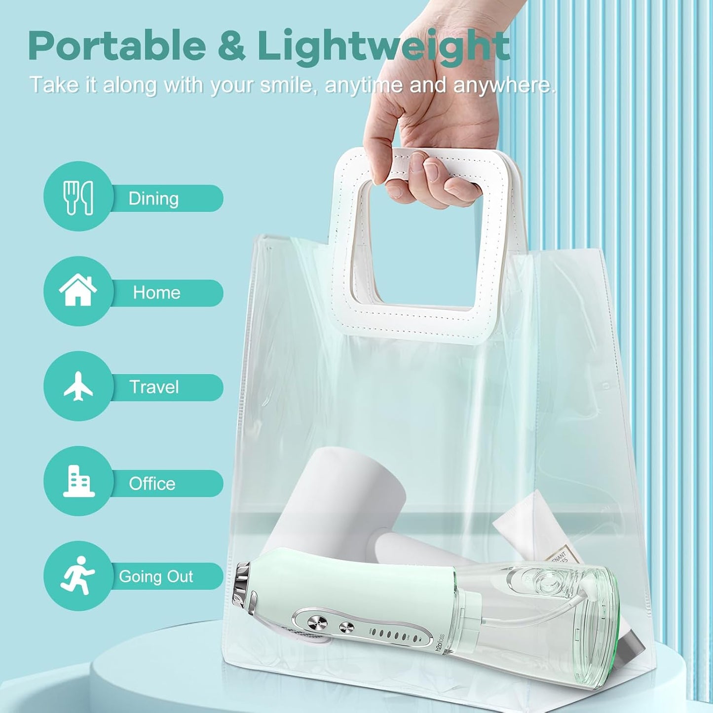 H2ofloss Water Dental Flosser Teeth Pick: Portable Cordless Oral Irrigator with 5 Modes, 300ML Rechargeable Travel Irrigation Cleaner IPX7 Waterproof Electric Flossing Machine for Teeth Cleaning Green
