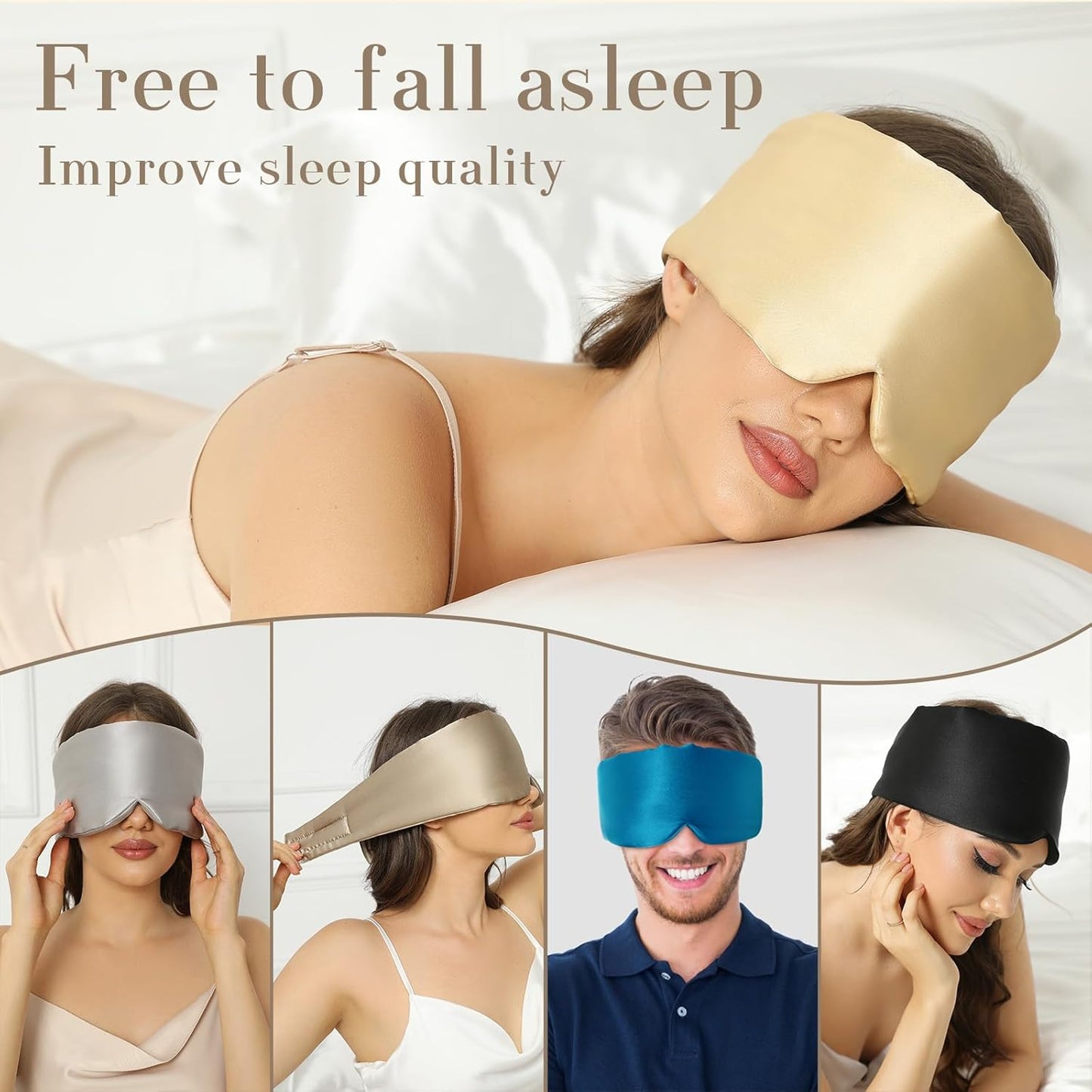 100% Mulberry Silk Sleep Mask Eye Mask for Women Man with Adjustable Band, for Side Sleeper Blackout Sleep Mask for Travel Rest and Office (Gold)