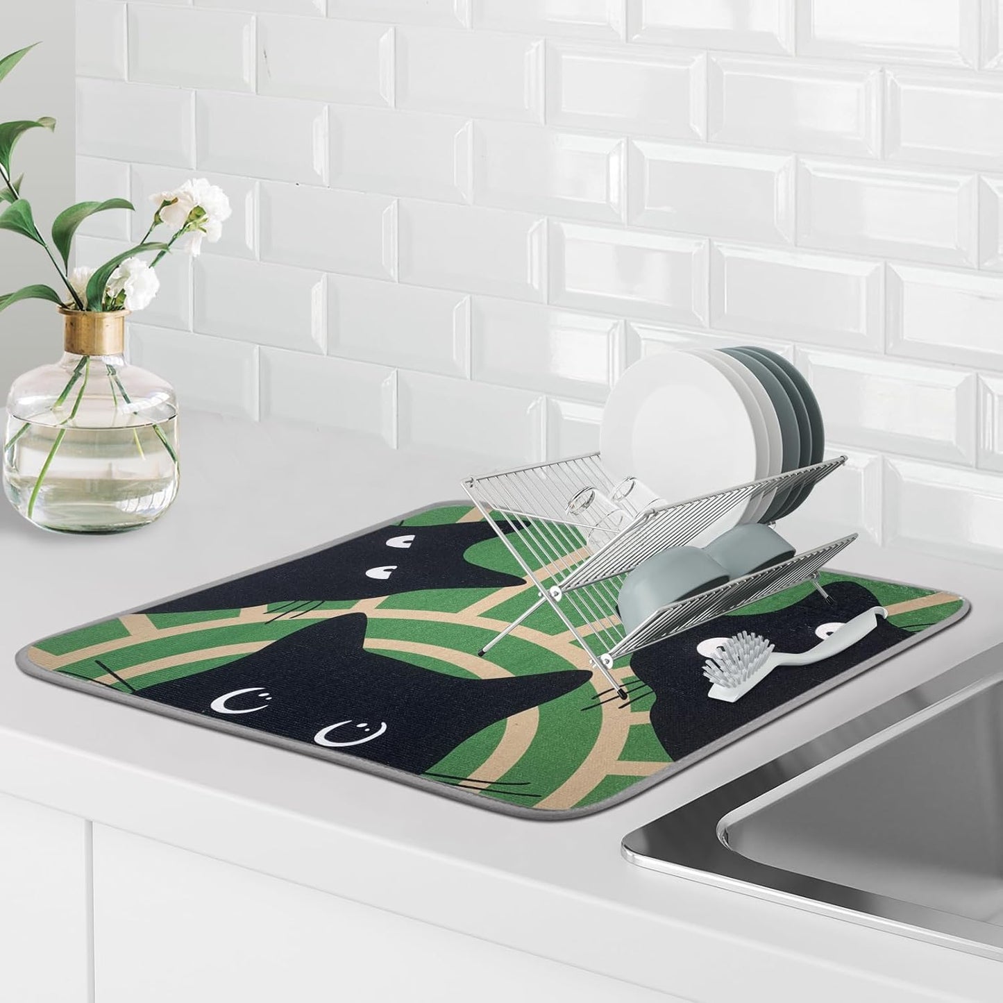 SHIYUE Dish Drying Mat for Kitchen Counter Super Absorbent Spring Kitchen Decor Microfiber Drying Matainers Rack Fast Pad Dish Drainer Mats(Three Cats,18''x24'')