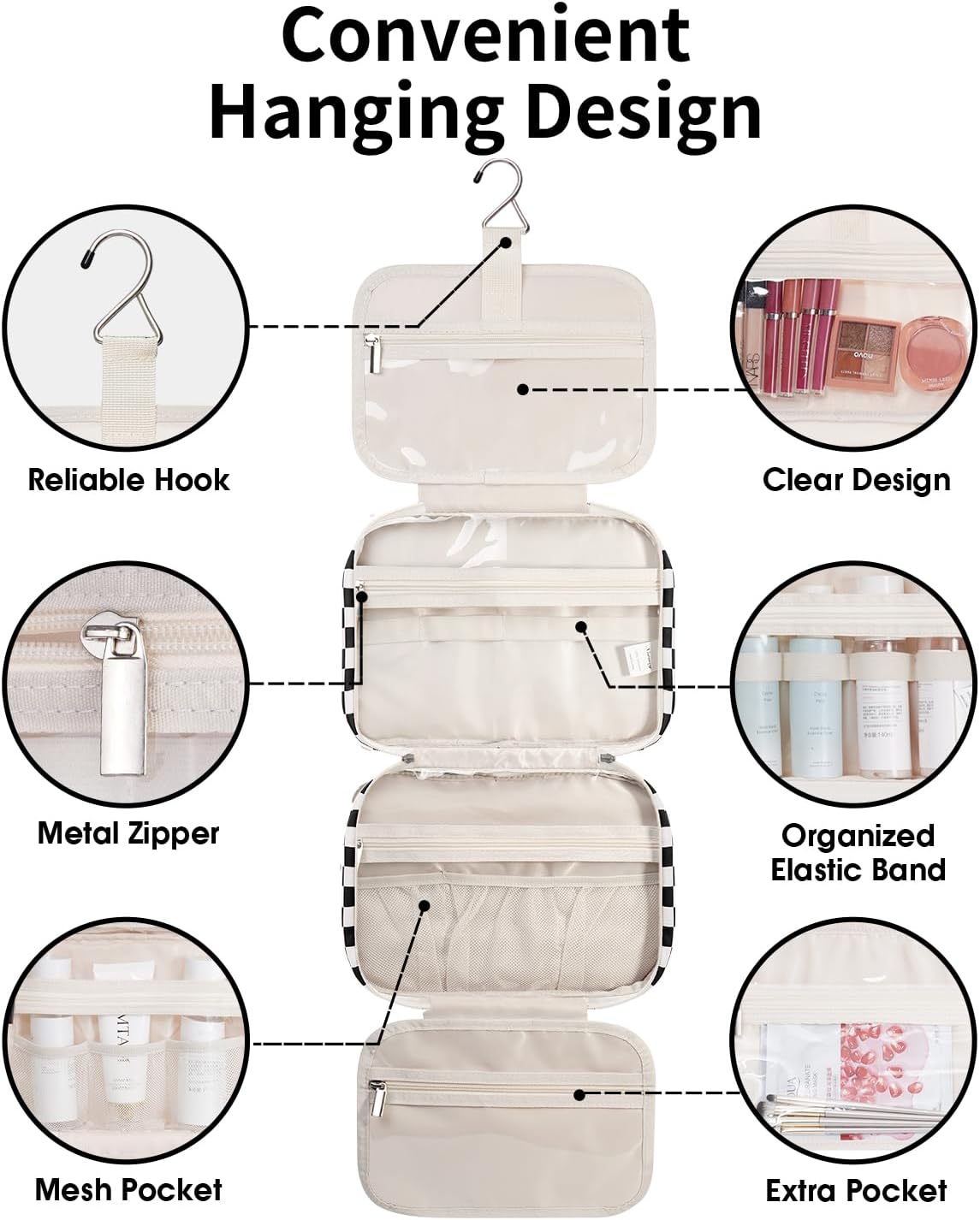 Narwey Hanging Toiletry Bag for Women Travel Makeup Bag Organizer Toiletries Bag for Travel Size Essentials Accessories Cosmetics (Black Checkerboard (Medium))