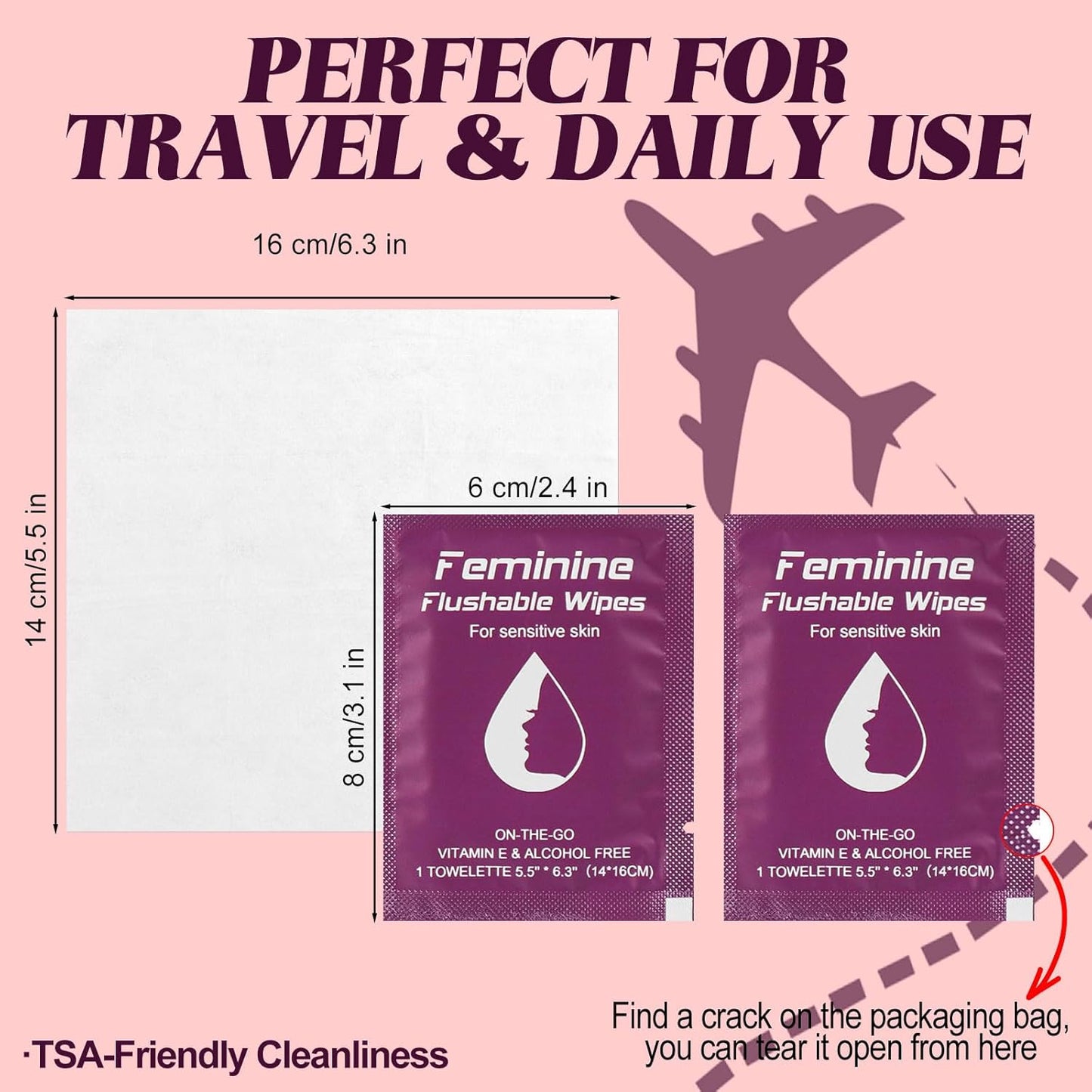 Feminine Wipes Individually Wrapped, Flushable Wipes Travel,Travel Wipes for Women,Feminine Care Wet Wipes Travel Size Vaginal Wipes for Adult, Girl and Homeless (unscent,50)