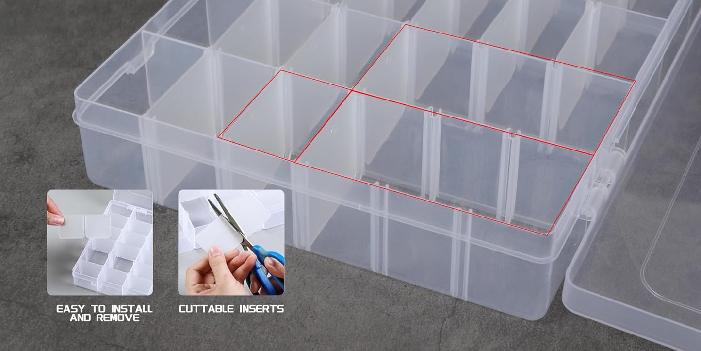 2Pcs Clear Visible Plastic Storage Box- Rectangular Storage Box, Suitable For Beads, Screws Hardware Accessories Organizer Box Art DIY, Crafts, Jewelry, Fishing Tackle, With Label Stickers (36Grids)