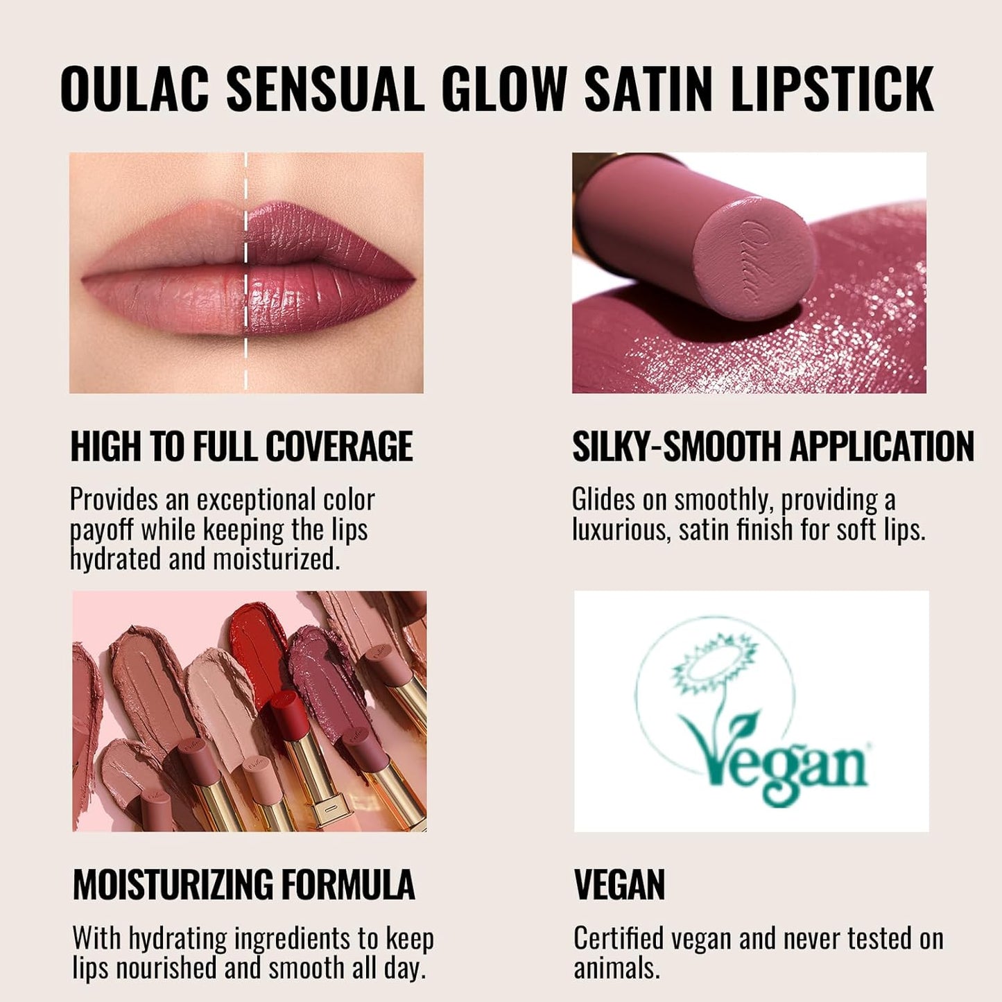 Oulac Color Rich Satin Lipstick - Nude Beige Full Coverage Lip Color, Creamy Silky-Smooth, Moisturizing, Satin Matte Finish, Infused With Shea Butter, Vegan & Clean Beauty, 4g, SG09 Buttercream