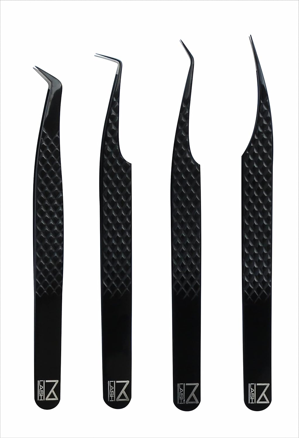M LASH Eyelash Extension Tweezers (Set of 4) - Professional & Precision Lash Tweezers for Eyelash Extensions - Japanese Steel, Diamond Grip, Fiber Tip V3 (Black)