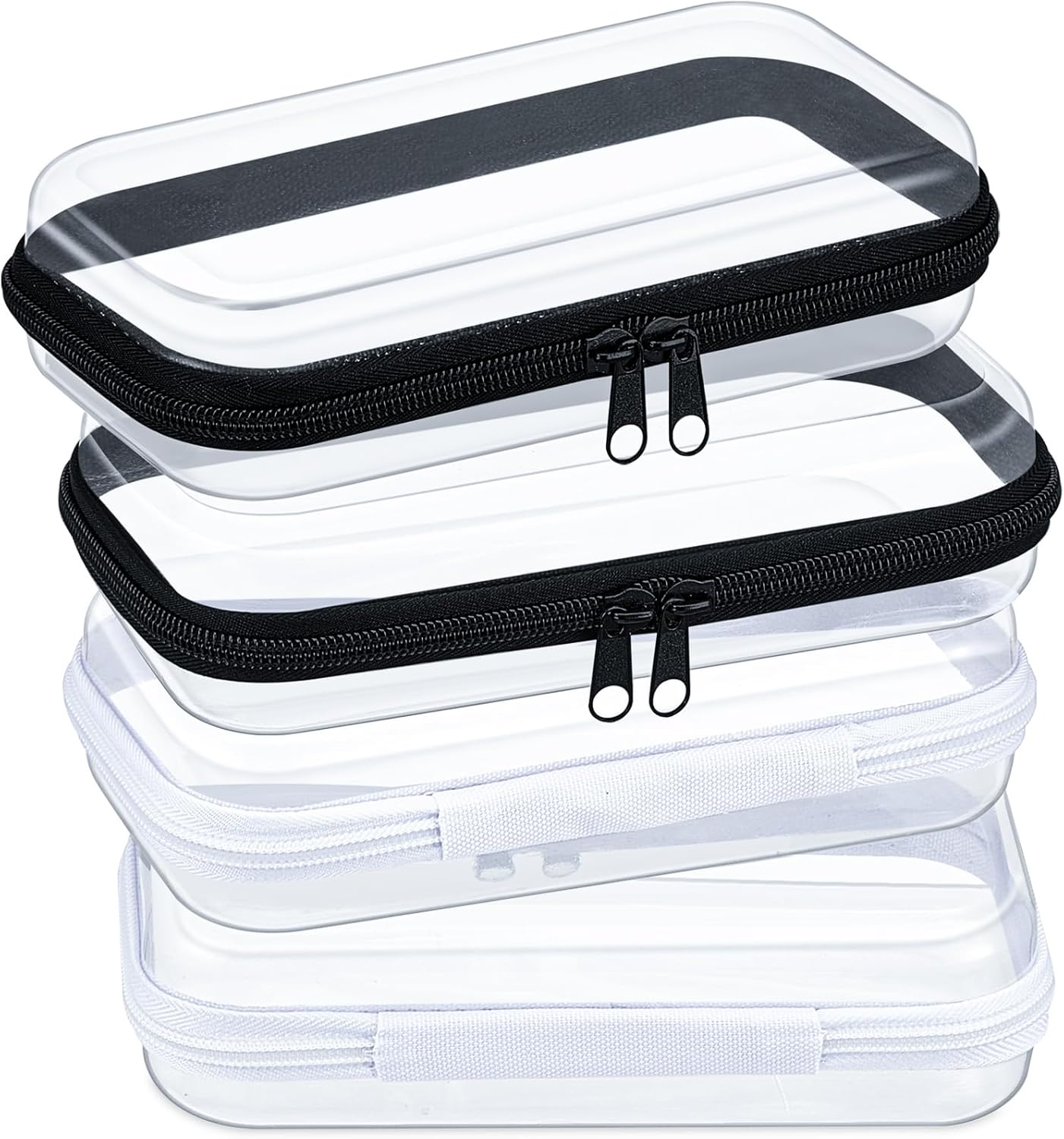 Hoolerry 4 Pcs Hard Clear Zipper Case Makeup Bags Plastic Pencil Pouch Transparent Storage Box Containers for Cosmetics, Snacks, Building Blocks, Puzzles(Black and White,7.5 x 3.9 x 2 in)