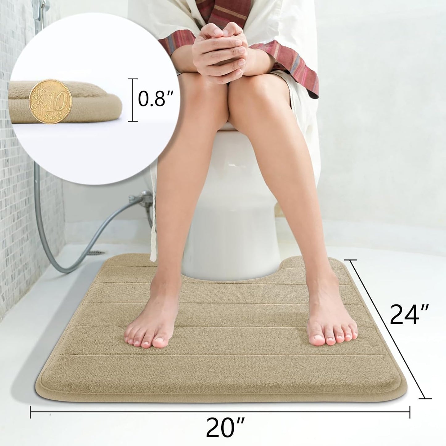 Yimobra Memory Foam Toilet Bath Mat U-Shaped, Soft and Comfortable, Super Water Absorption, Non-Slip, Thick, Machine Wash and Easier to Dry for Bathroom Commode Contour Rug, 24 X 20, Pale Khaki