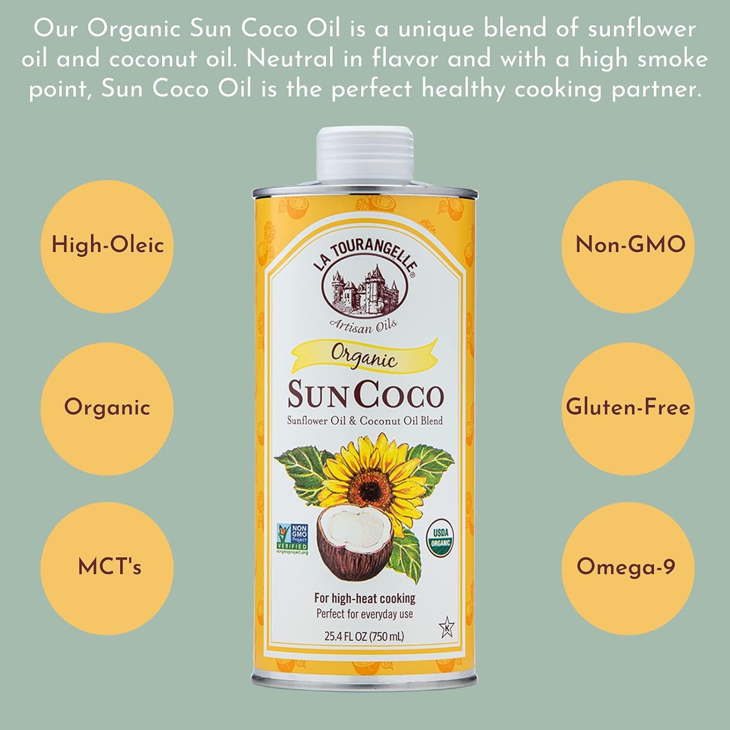 La Tourangelle, Organic Sun Coco Oil, Unique Blend of Organic High-Oleic Sunflower Oil and Organic Refined Coconut Oil, Heat Heat Cooking and DIY Beauty, 25.4 fl oz