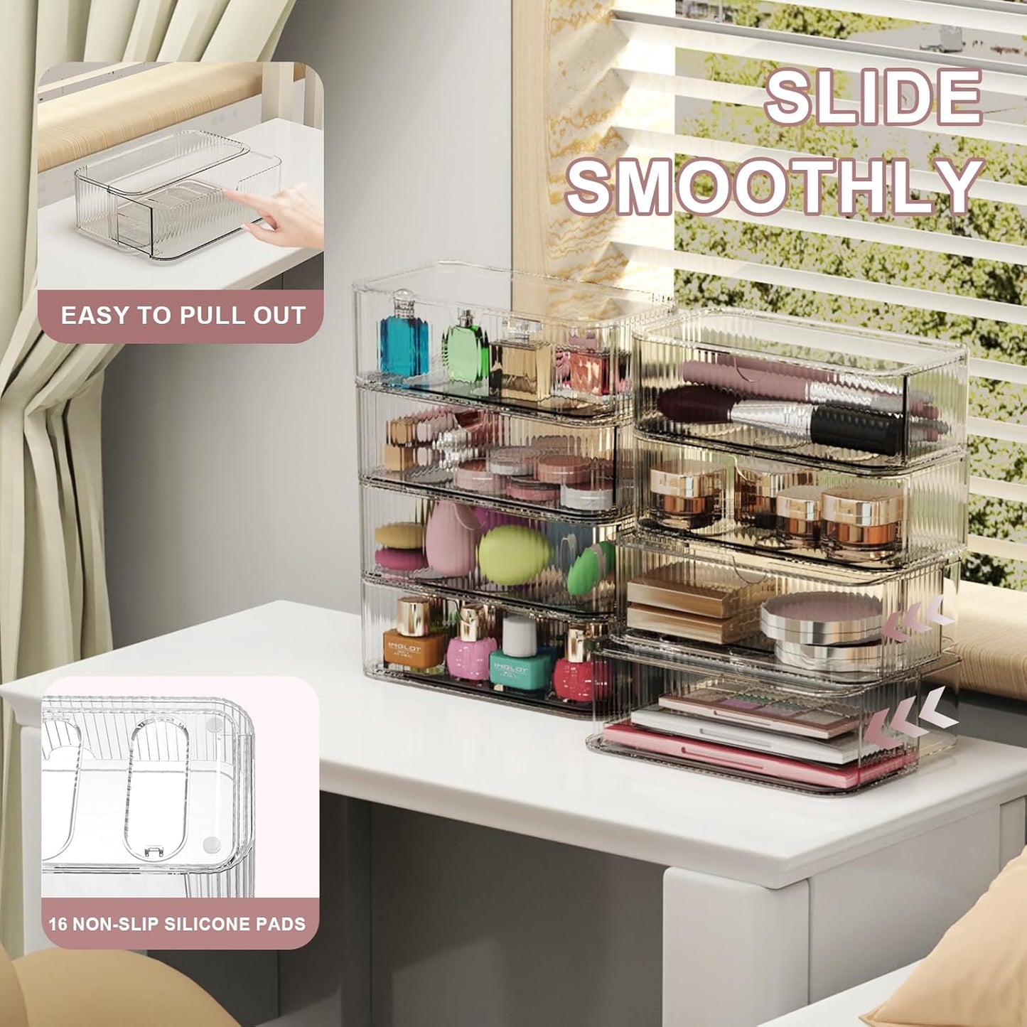 8-Pack Clear Stackable Storage Drawers with 16 Non-Slip Silicone Feet, Multi-Purpose Cosmetic & Home Organizers for Vanity, Office, Bathroom, Pantry, Easy-Pull Transparent Acrylic Storage Bins