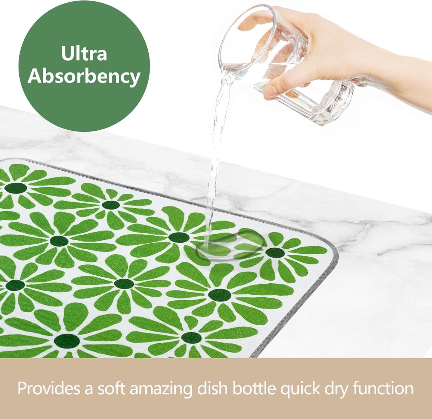 SHIYUE Dish Drying Mat for Kitchen Counter Super Absorbent Spring Kitchen Decor Microfiber Drying Matainers Rack Fast Pad Dish Drainer Mats(Cute Green Flower,16''x18'')