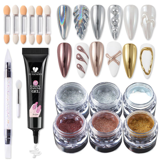 Chrome Nail Powder and 3D Nail Gel Kit, Metallic Mirror Glitter Effect Chrome Powder For Nail Art, Holographic Aurora Iridescent Dip Dust Pigment and 10g Sculpting Gel Set for Nail Decor DIY