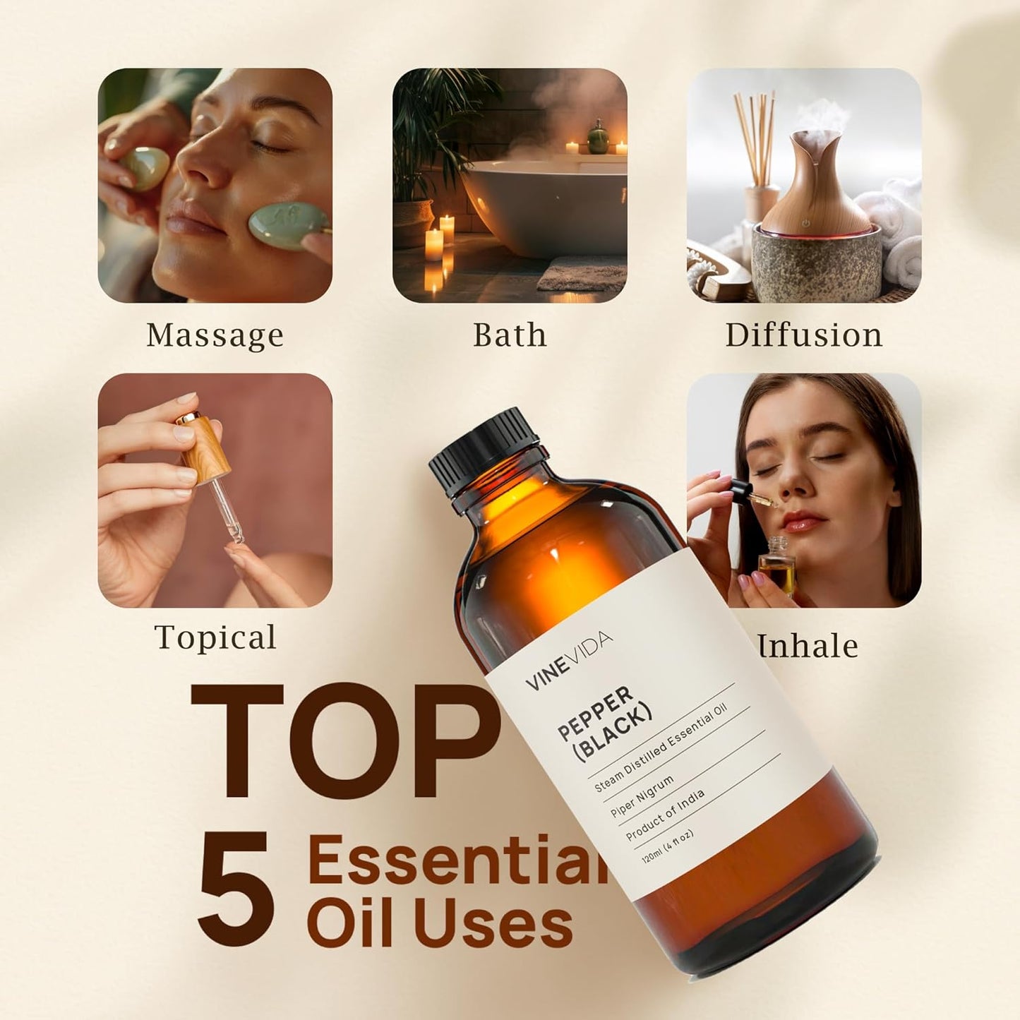 VINEVIDA Black Pepper Essential Oil 10 mL - Undiluted, Pure, Vegan, Reusable Glass Bottle with Euro Dropper