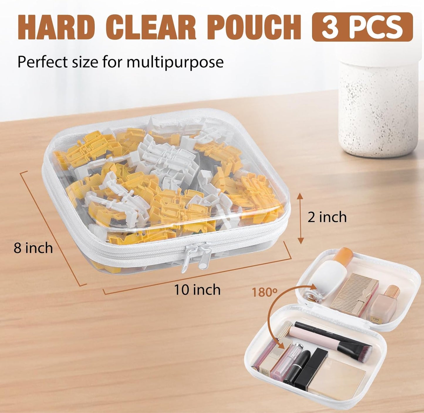 Clear Hard Shell Zipper Case 3 PCS Clear Cosmetic Make up Bag Waterproof Travel Toiletry Bag for Women, Hard Plastic Zipper Pouches Portable Travel Storage Organizer Bins (White, 10"x8"x2")