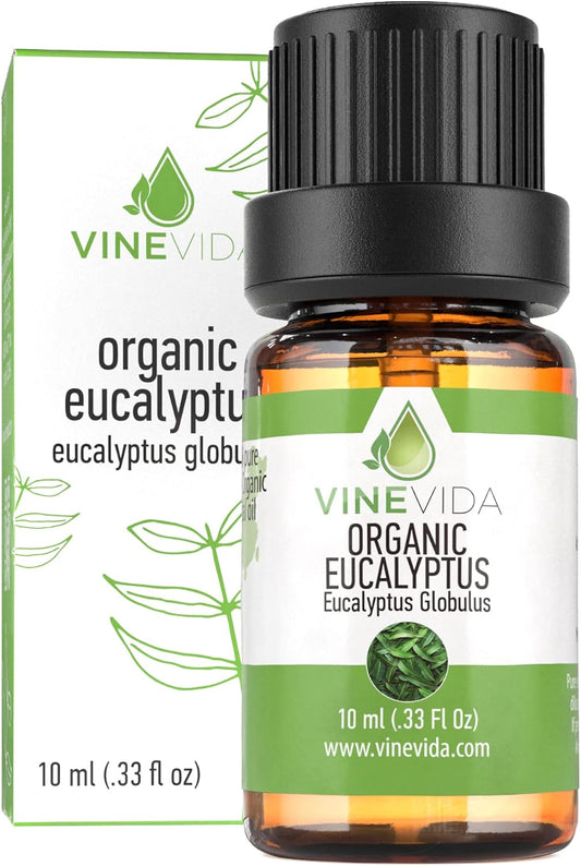 VINEVIDA Organic Eucalyptus Essential Oil 10 mL - Undiluted, Pure, Vegan, Free of Harsh Chemicals, Reusable Glass Bottle with Euro Dropper