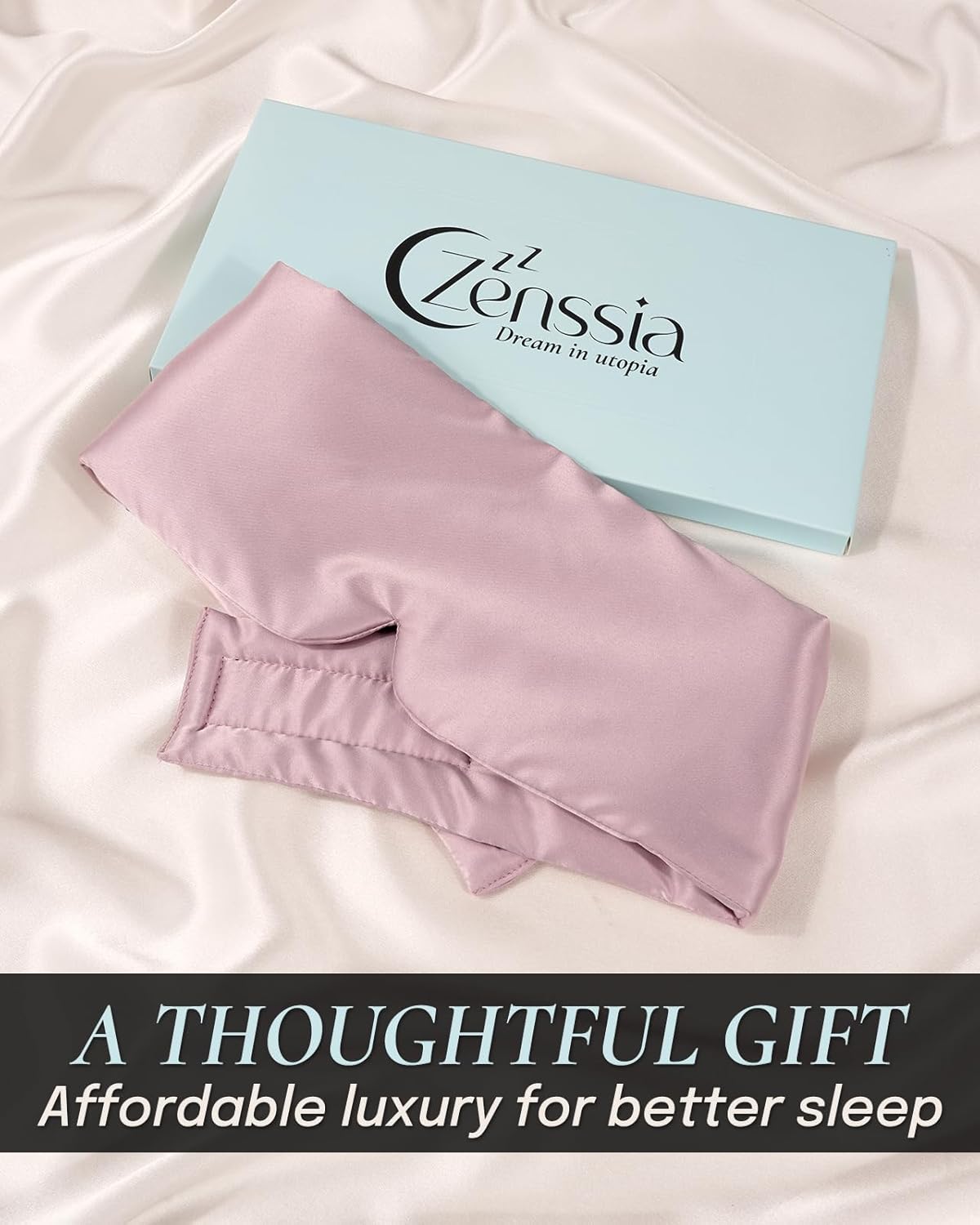Zenssia Satin Sleep Mask for Women and Men, Lightweight Padded Eye Mask with Adjustable Strap, Comfort Blackout for Travel and Nap - Light Plum