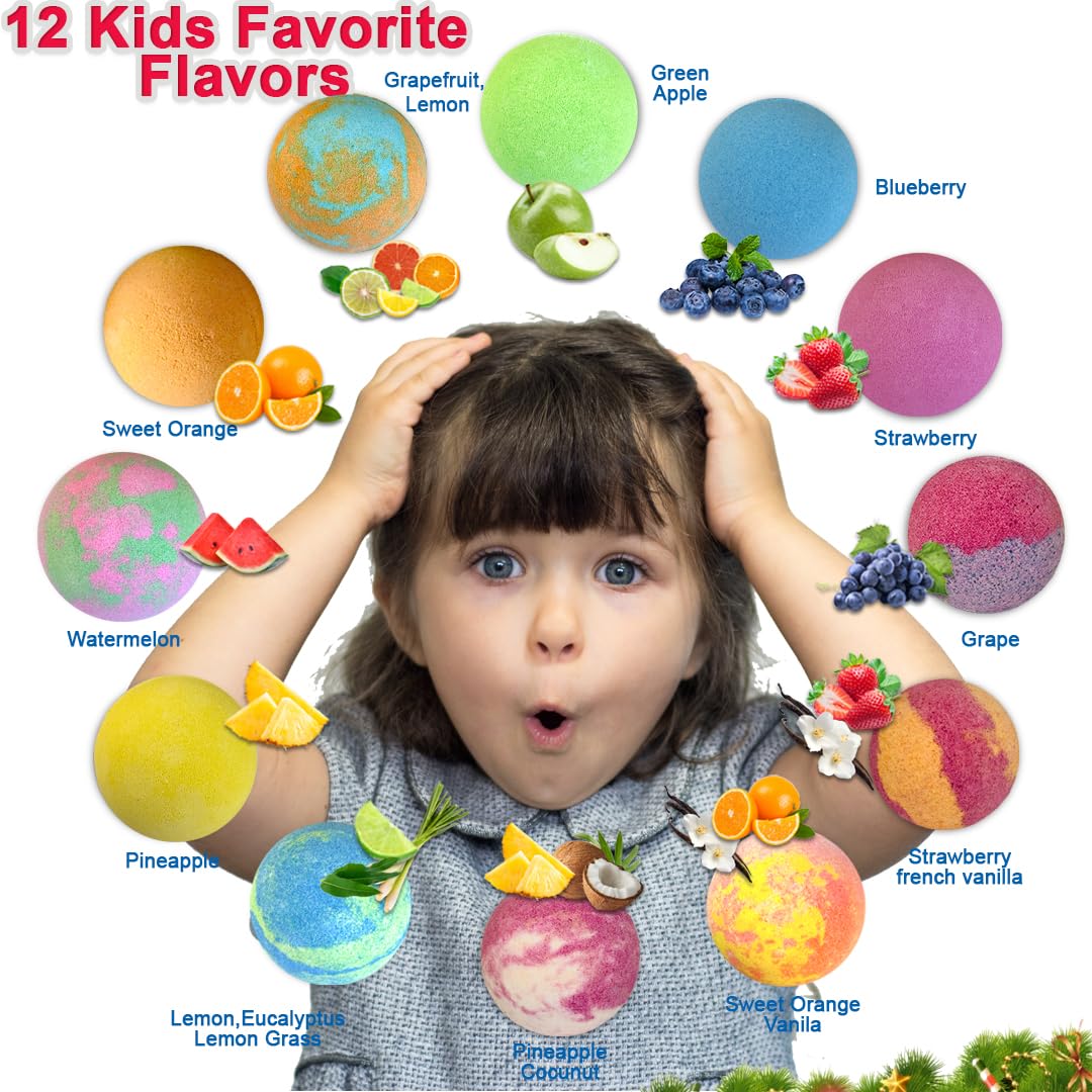 Christmas Bath Bombs for Kids with Surprise Toys Inside - Kids Advent Calendar Bathbombs - 12 Pack Organic Bath Bombs Gift Set, Moisturizing Bubble Bath Fizzies, Gifts for Boys, Girls, Toddler