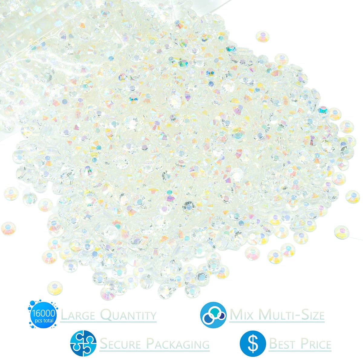 16000PCS 3mm 4mm 5mm Transparent AB Resin Rhinestones for Crafting Clear White AB Flatback Jelly Stones Bulk SS10 SS16 SS20 Diamonds Gems for Nails Face Eyes Makeup Mugs Tumblers Bottles DIY Crafts