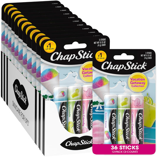 ChapStick Bulk Lip Balm, Vacation Getaway Collection, 3-Packs (12 Sets/36 Tubes) – Fun & Flavorful Lip Care, Birthday Gifts, Party Favors, Stocking Stuffers, 0.15 Oz Ea