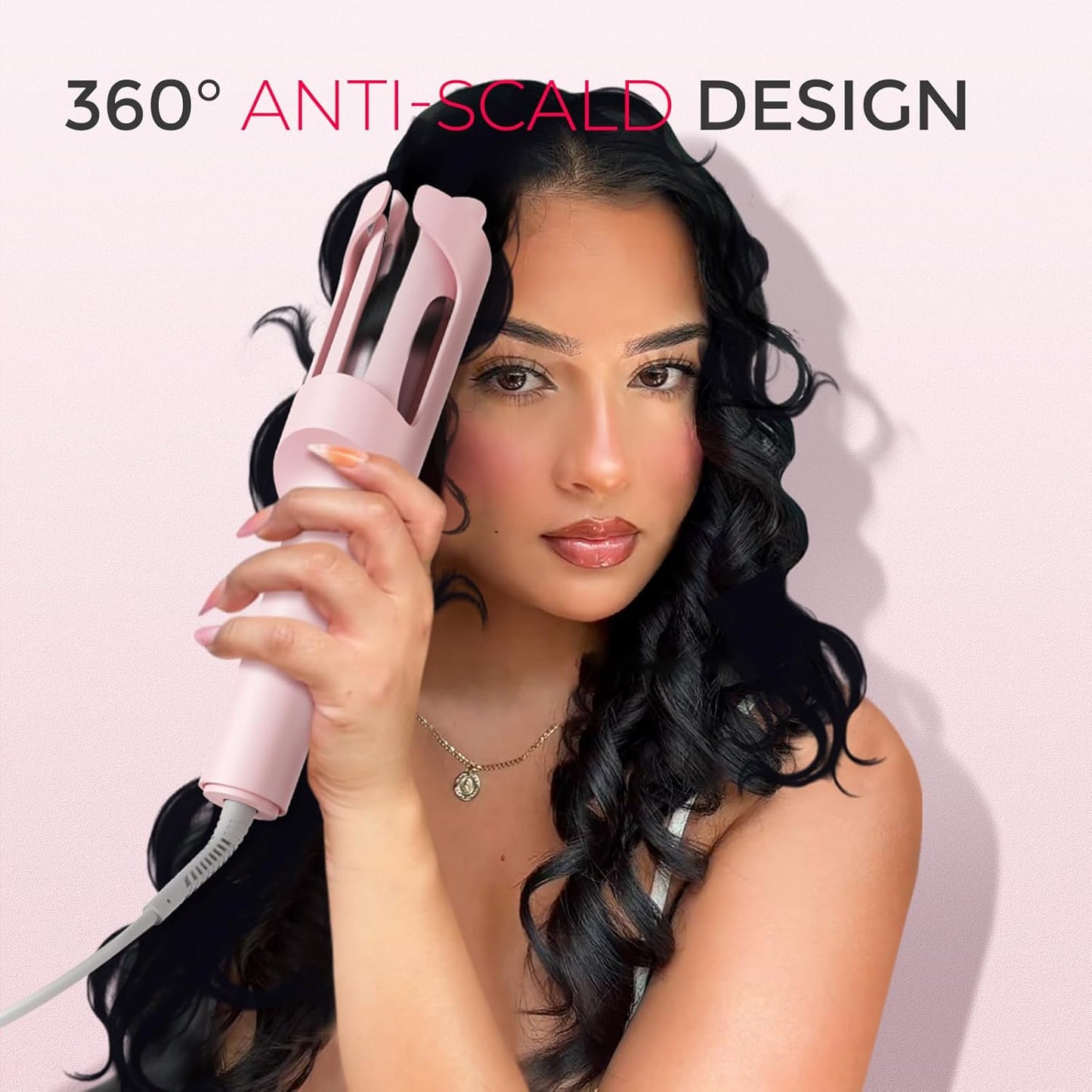 TYMO Automatic Rotating Curling Iron - TYMO CURLPRO Beach Waves Curling Wand, Portable Hair Curler, 500 Million Ionic, Dual Voltage & Lightweight for Travel, Ceramic Coating, 1 1/4 Inch, Pink