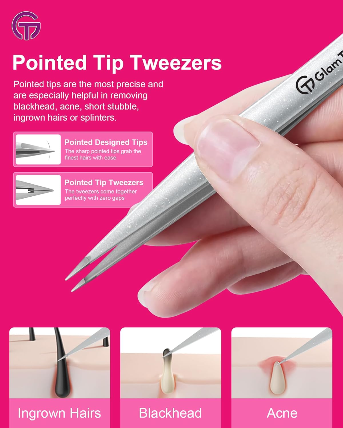 Expert Slant and Point Tip Tweezer Set with Exclusive Storage & Carrying Case, GlamTweeler Sharp & Precision Tweezer Set for Eyebrows, Facial Hairs & Fine Hairs Removal (Sparkle Deep Voilet + Silver)