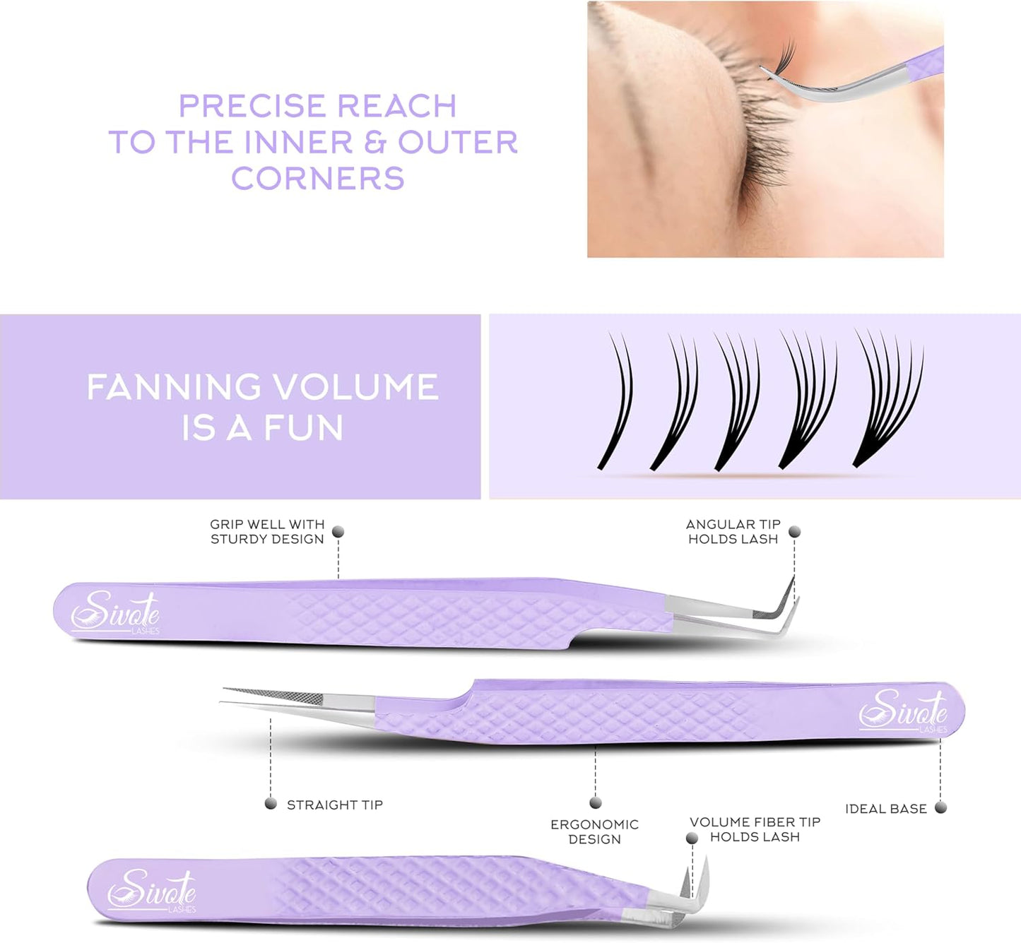 SIVOTE Lash Tweezers for Eyelash Extensions, Pack of 5 Purple – Lash Extension Tweezers Set with Diamond Grip, Precision Fiber Tip for Volume Eyelash Extensions