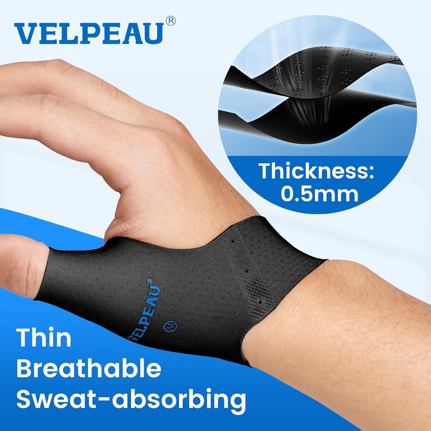 Velpeau Thumb Compression Sleeve for Tendonitis (Pack of 2), Seamless Technology, Gloves Wraps for Arthritis Pain Relief for Women & Men, Splint Liner, Fits Both Hands (Black, Short Version, M)