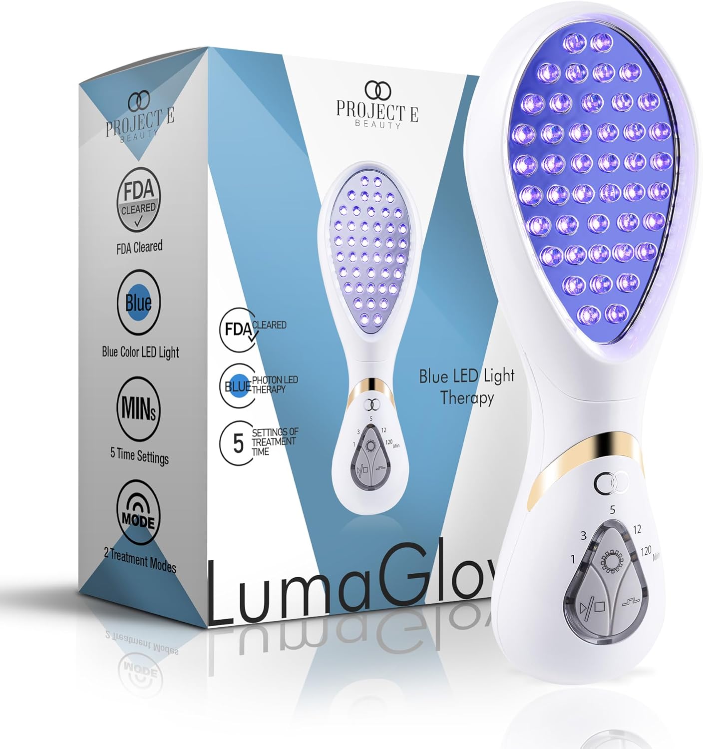 LumaGlow Blue LED Light Therapy by Project E Beauty | Anti Acne | Pimple & Blemish Solution | Skincare Routine for Oily Skin | Handheld Device for Spa & Home Use (Blue Light)