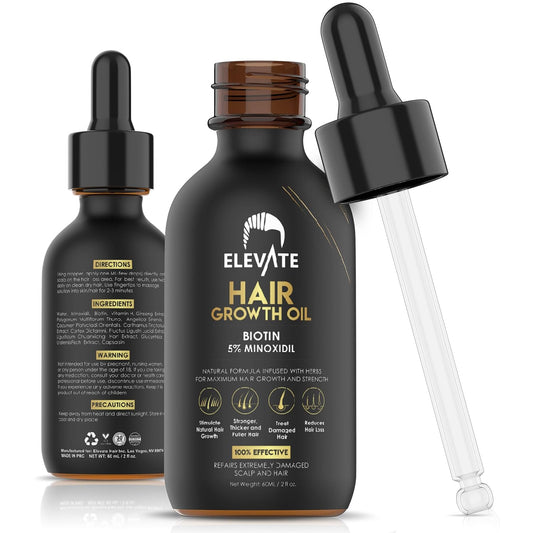 Elevate Hair Regrowth Treatment 5% Minoxidil Solution – Biotin Serum Hair Growth Oil for Men & Women - Thicker Fuller Stronger Hair - Stops Hair Loss & Thinning - Natural Hair Thickening Treatment 2oz