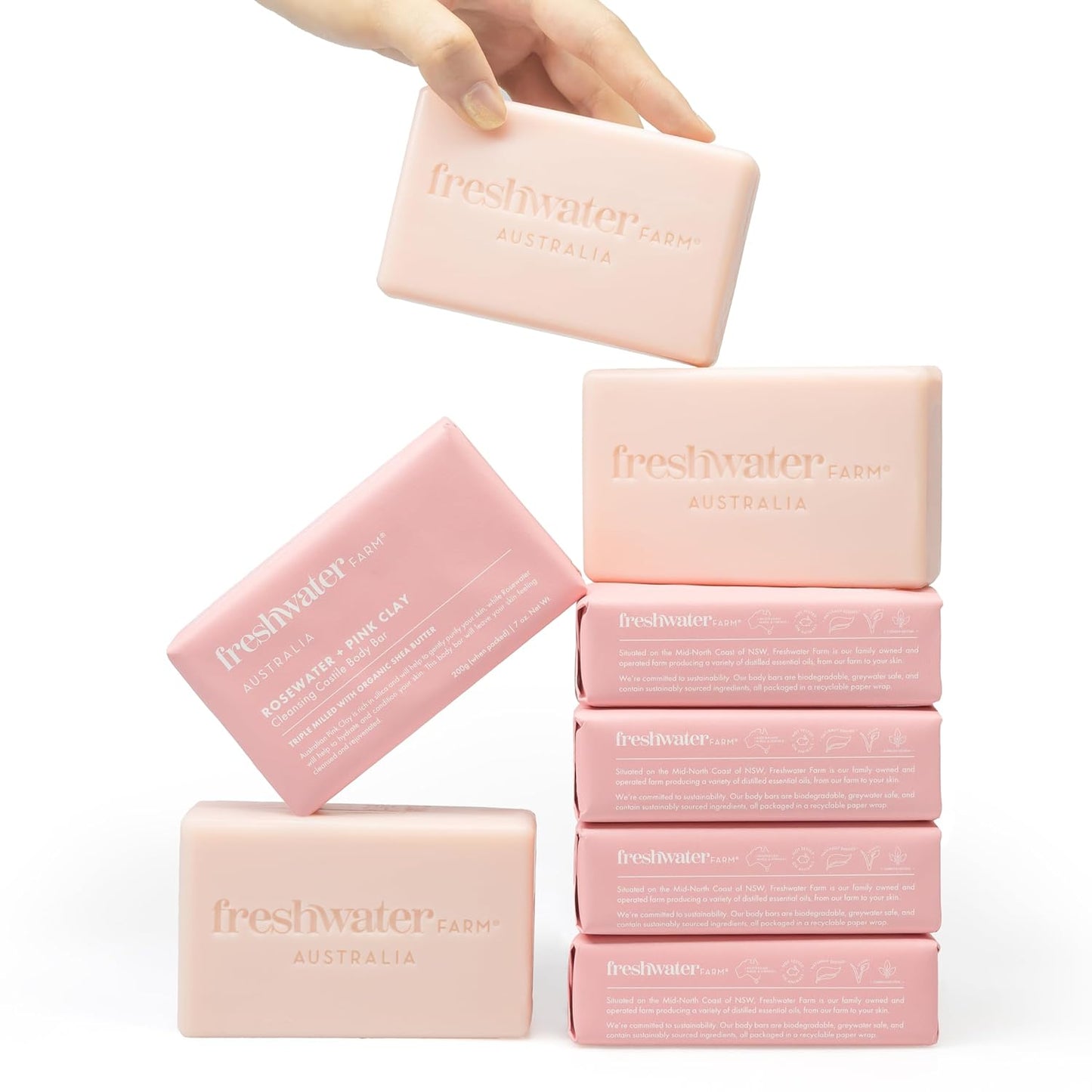 Castile Natural Bar Soap | Rosewater + Pink Clay | Australian Made + Family Owned | Triple-Milled with Australian Pink Clay | Recyclable Paper Wrap | 200g x 8pk