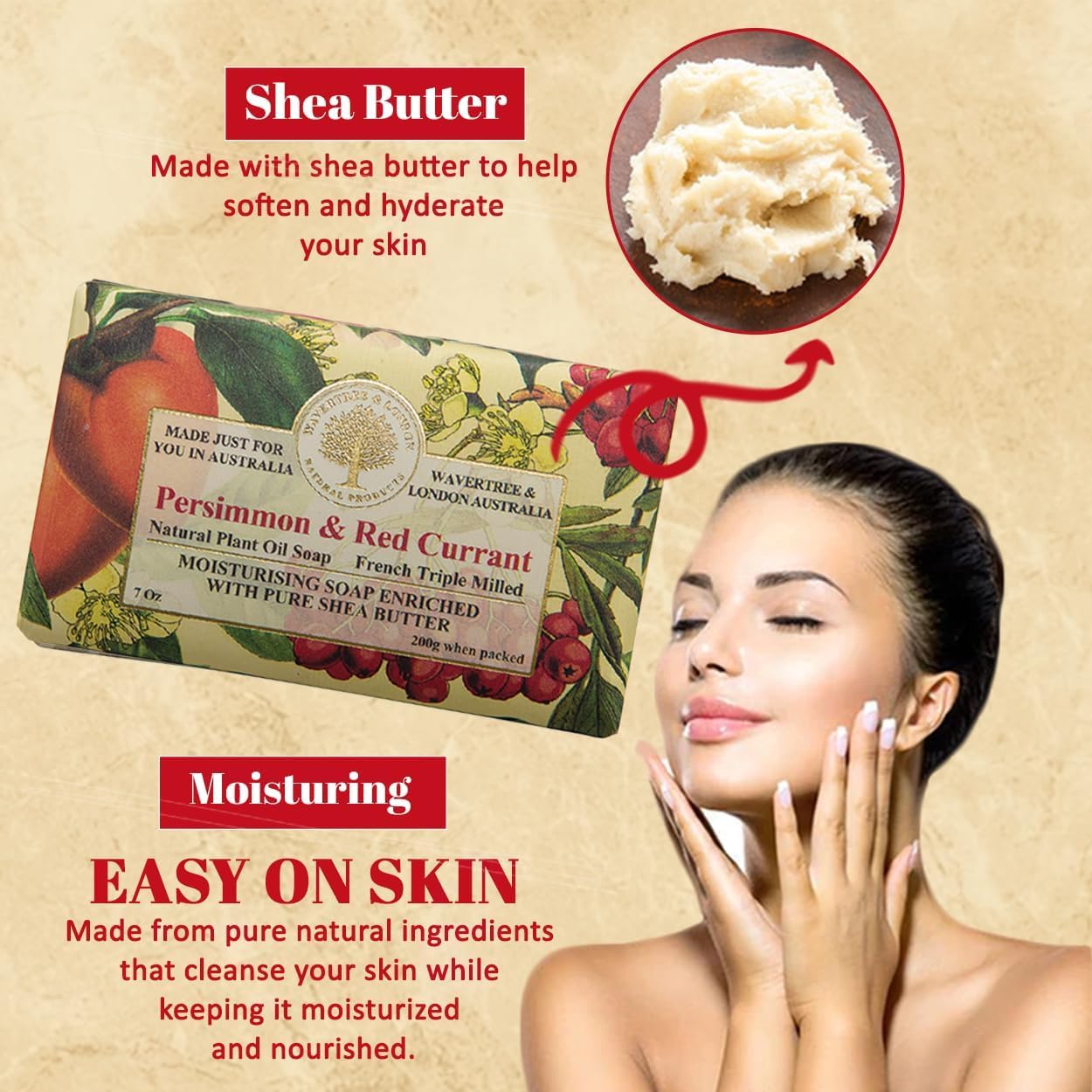 Wavertree & London Persimmon & Red Currant Scented Natural Soap Bar, 7oz Moisturizing French Triple Milled Soap Bar for Women & Men enriched with shea butter - Pure Bath & Body soap bar