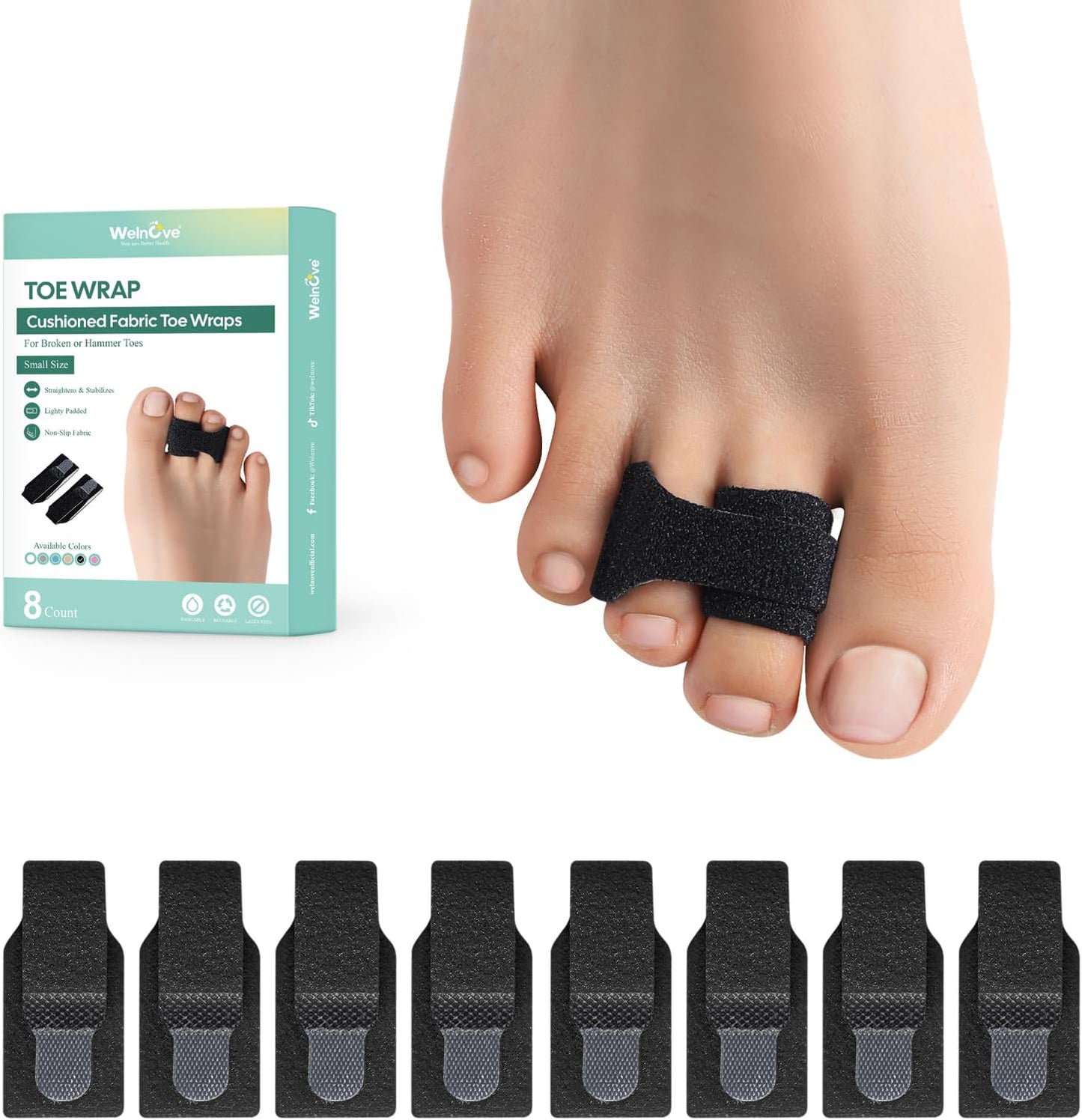 Welnove Hammer Toe Straightener - 8 Pack Broken Toe Wraps - Hammer Toe Corrector for Women - Toe Splints for Crooked Toes, Curled Toes, Bent Toes - (Small, Black)