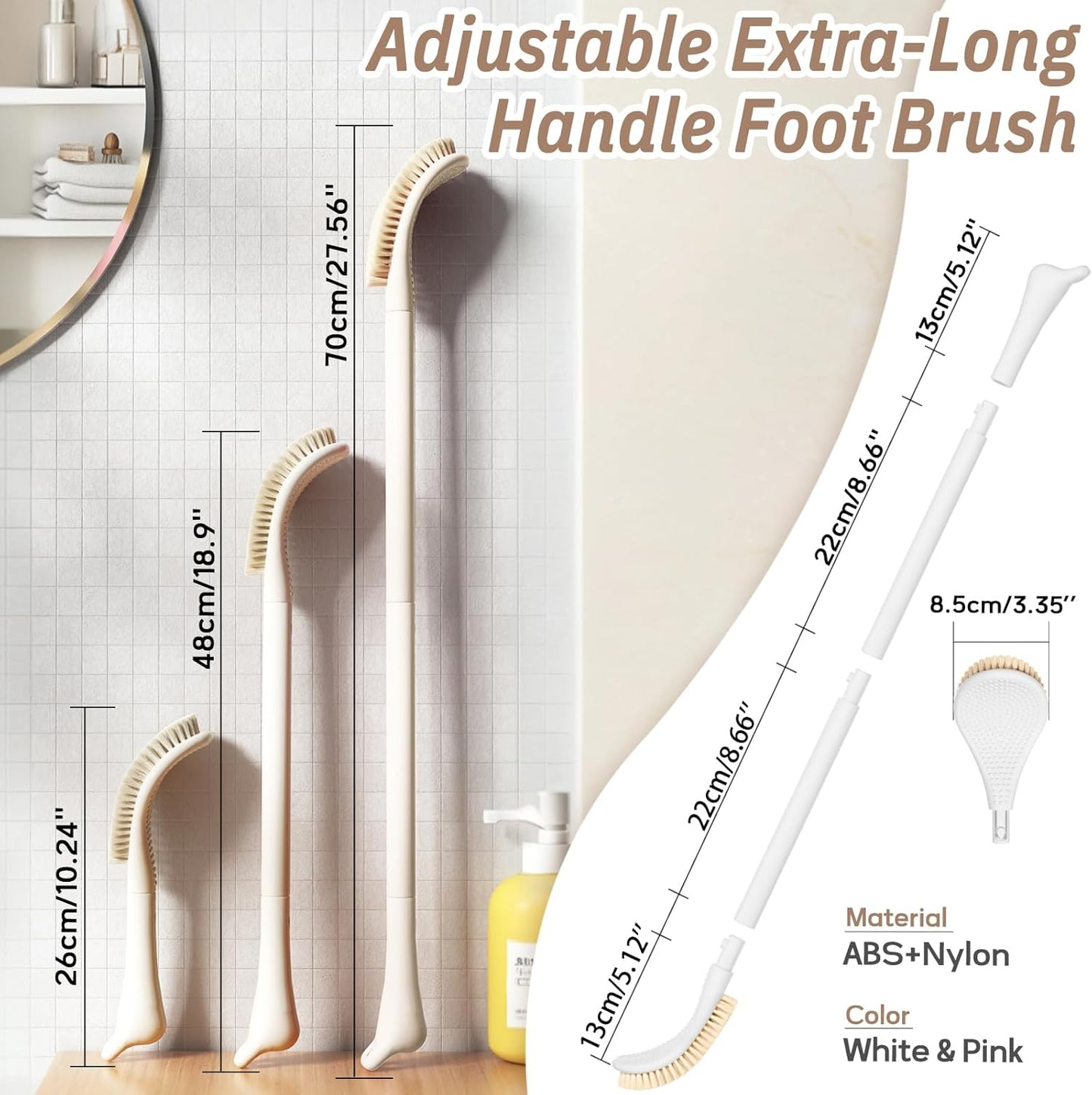 New Foot Brush with Adjustable Long Handle, 3-in-1 Foot Scrubber for Wet or Dry Brushing, 10.2’’- 27.5’’ Foot Scrub Brush for Senior, Pregnant, Disabled, or Injured, Gift-Box Packed(White)