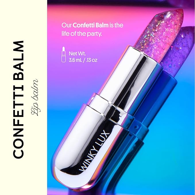 Winky Lux Glitter Confetti Balm, pH Lip Balm, pH Color Changing Lipstick and Tinted Lip Balm, Vegan & Cruelty Free Lip Balm, Hydrate & Plump, Sheer Pink Lipstick, Rainbow Confetti