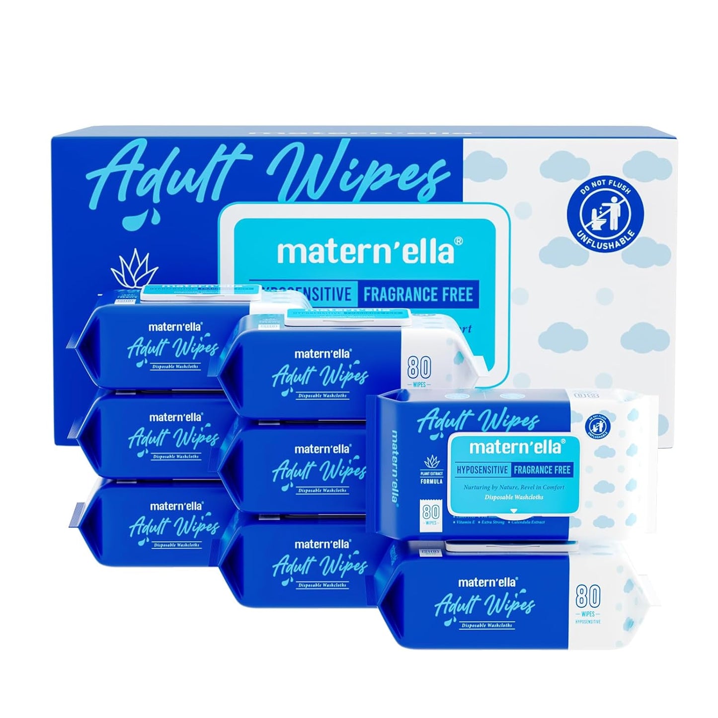 MATERN'ELLA Adult Wet Wipes, Cleansing Wash Cloths for Elderly Care, 99% Pure Water for Incontinence, Personal Bath, Alcohol-Free, 8 Flip-Top Packs(640 Wipes Total)