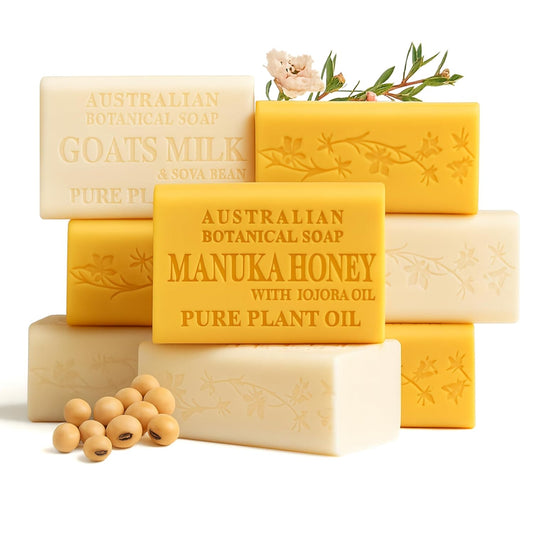 Australian Botanical Goats Milk Soap and Manuka Honey 6.6 OZ, Triple Milled Bars made with a Natural Soap Base and Enriched with Organic Shea Butter, Pack of 8
