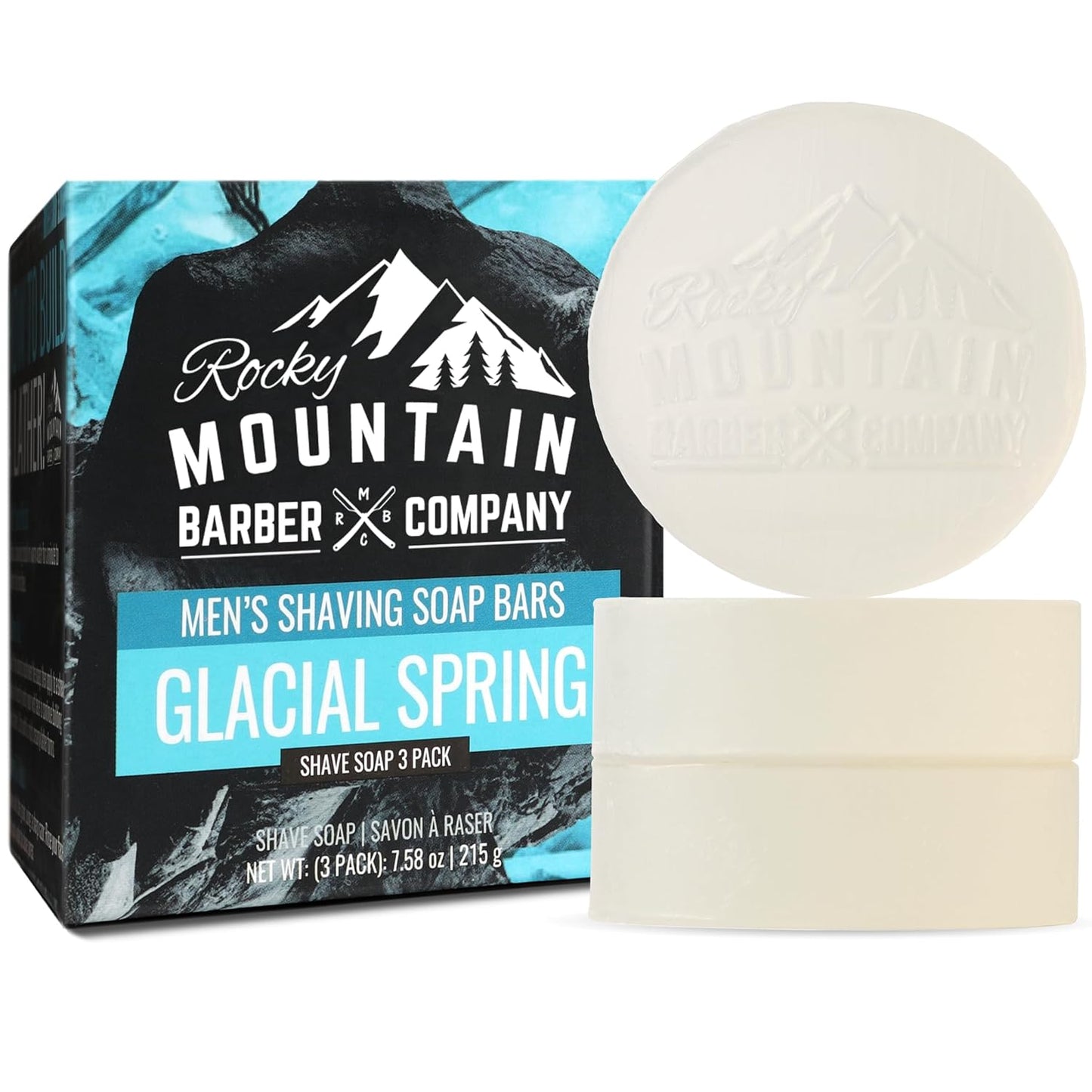 Shaving Soap Pucks for Men - 3 Pack - Traditional Wet Shave Glycerin-Based Shave Soap Bars - Made in USA For Use with Shaving Brush and Bowl - Glacial Spring Scent by Rocky Mountain Barber Company