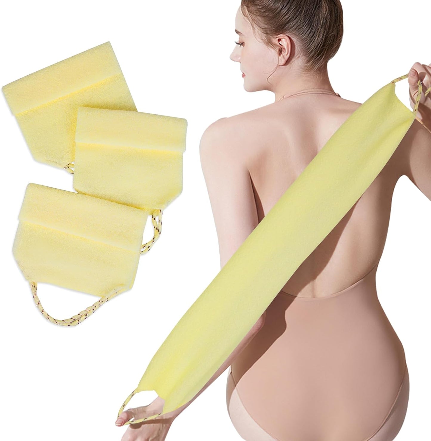 3 Pcs Double-Sided Back Exfoliator Body Scrub Towel, Exfoliating Back Scrubber with Handles,Exfoliating Washcloth Bath Tool in Shower, Stretchable Back Washer to Deep Cleans Skin (Beige)