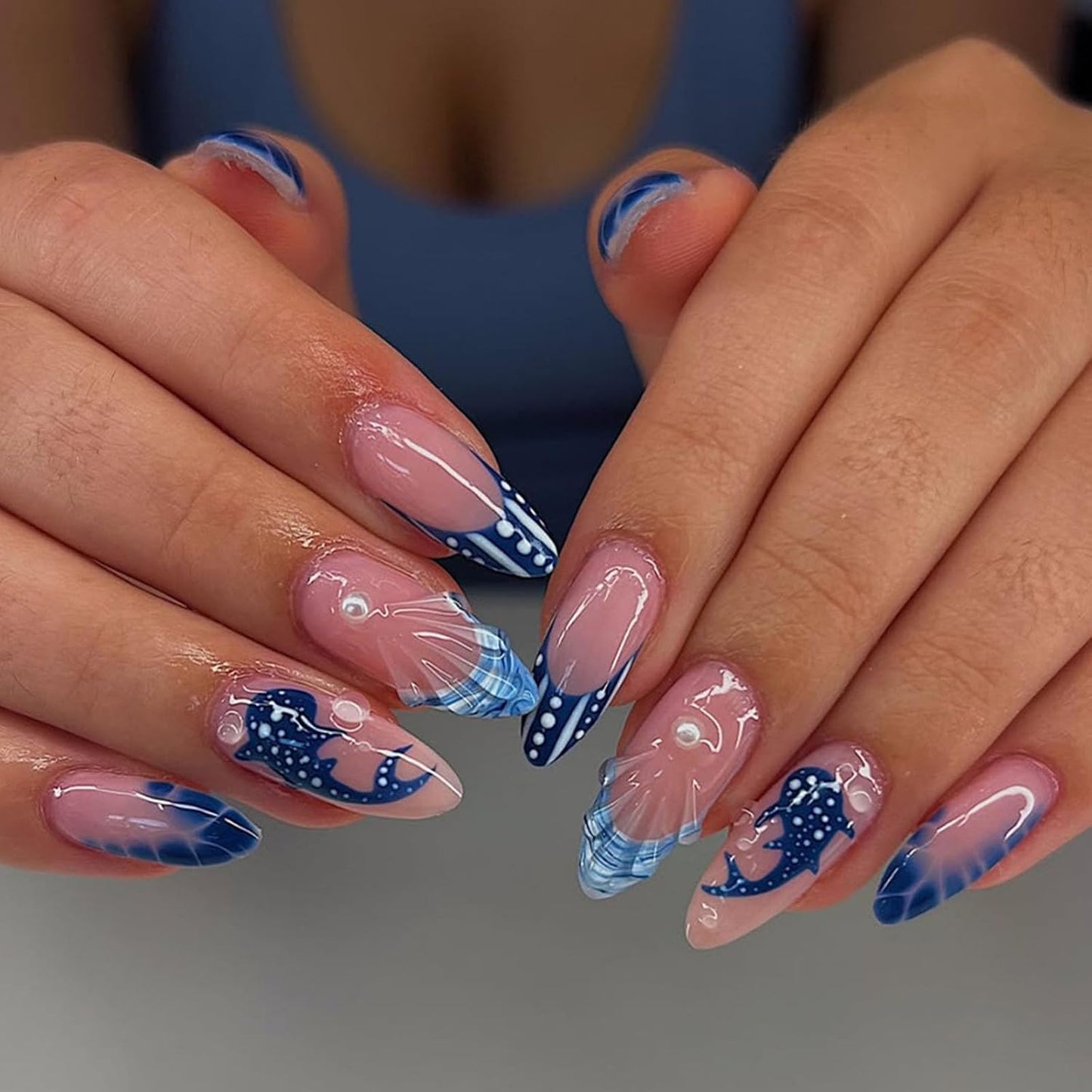Semi Cured Gel Nail Strips with Shark Designs Gel Nail Stickers Blue Glossy French Tip Salon Quality & Easy to Use 20 Pcs for Women